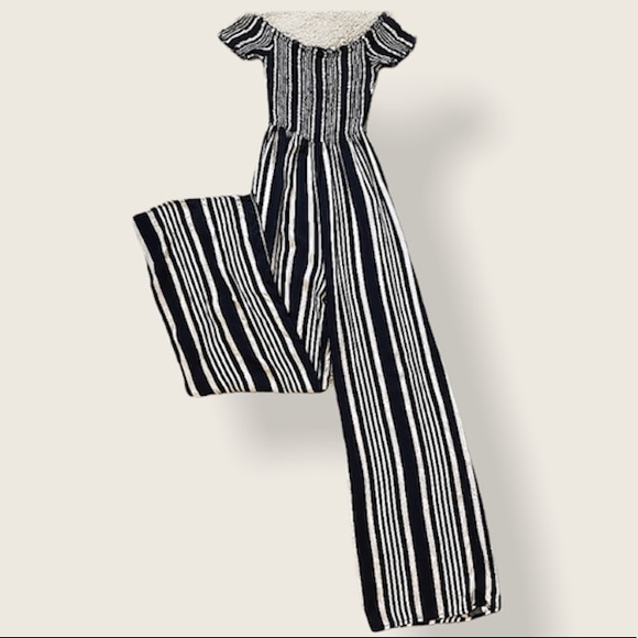 J for Justify Pants - On/off shoulder Navy/White striped jumpsuit